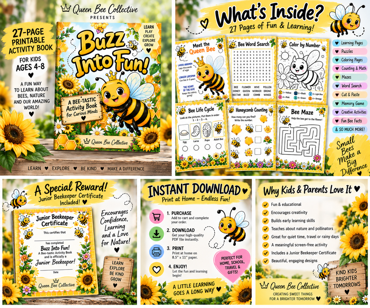 Buzz Into Fun!™ – Printable Bee Activity Book for Kids | 27-Page PDF Instant Download  - Suggested Price 9.99