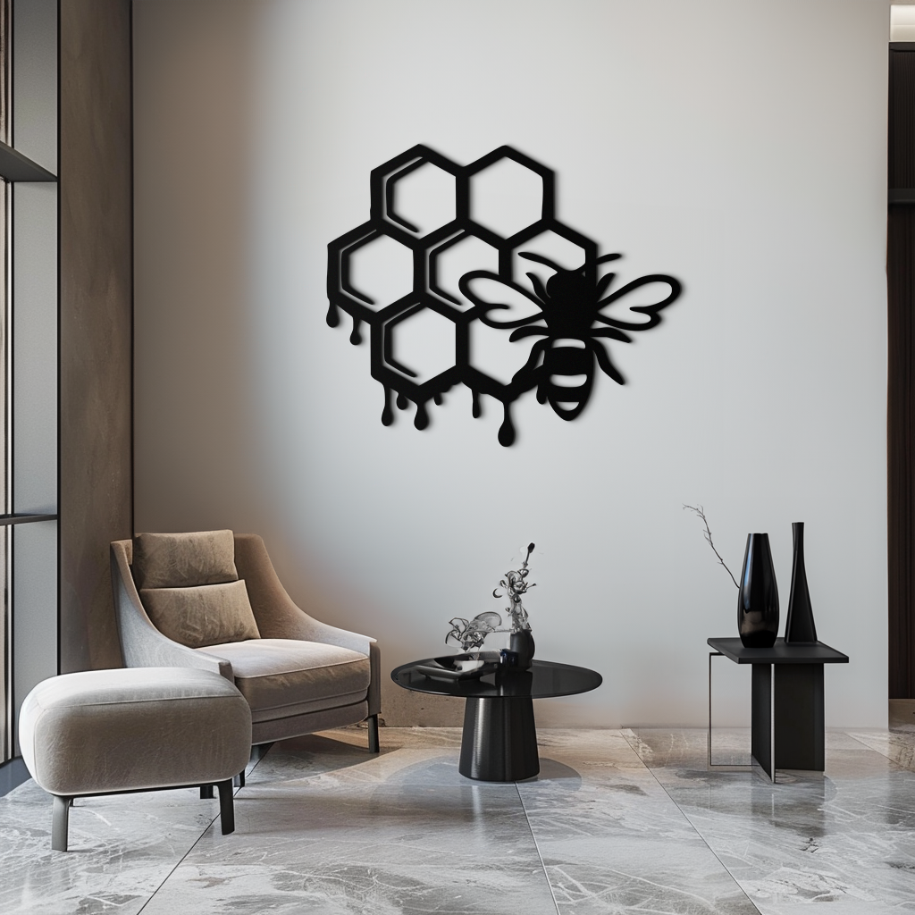 Honeybee and Honeycomb Silhouette Metal Wall Art – Modern Bee Home Decor- KAF543