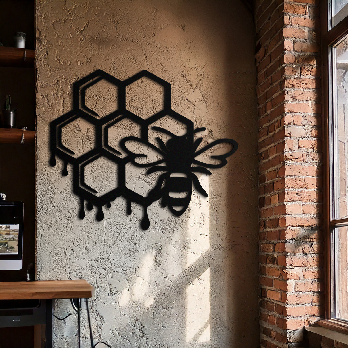 Honeybee and Honeycomb Silhouette Metal Wall Art – Modern Bee Home Decor- KAF543
