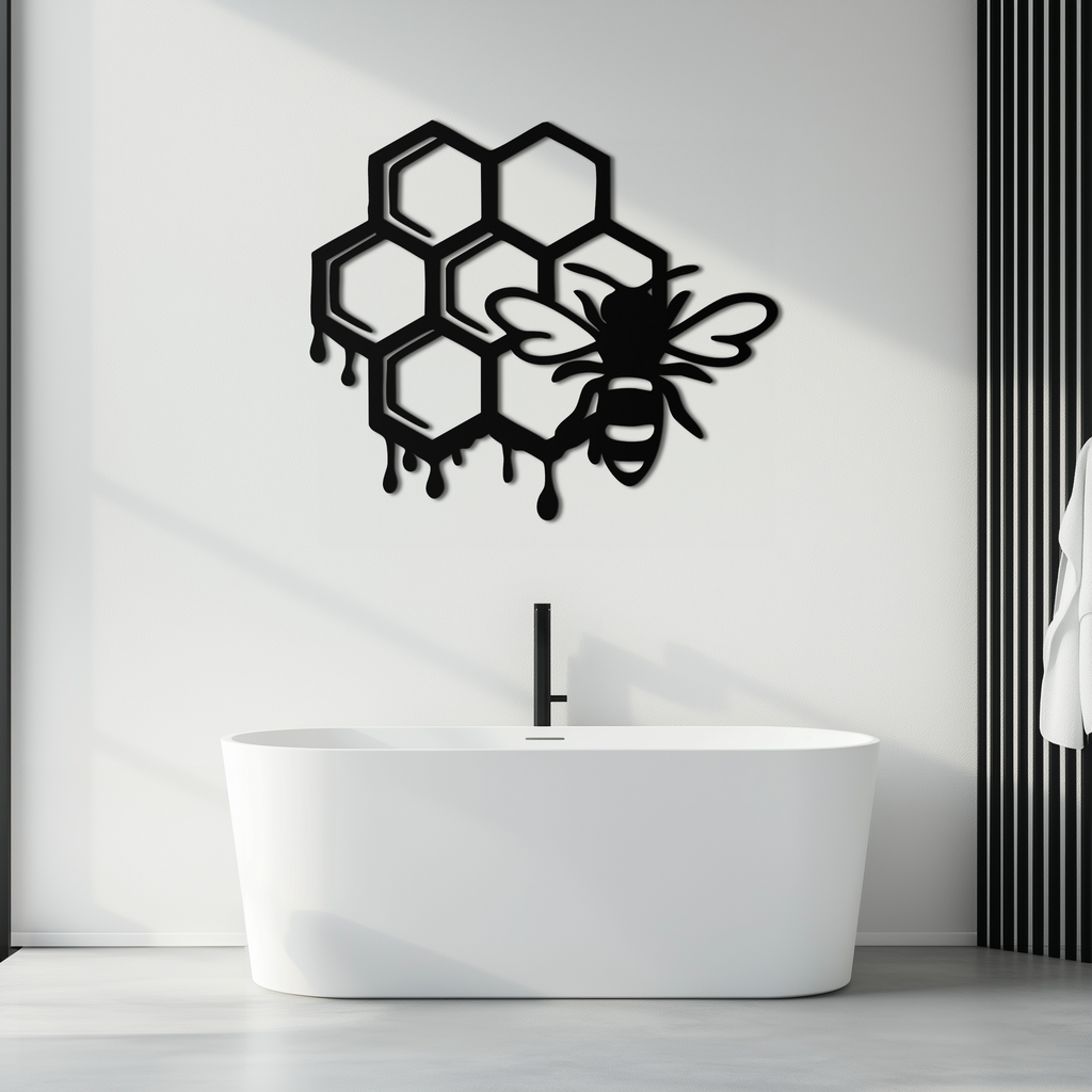 Honeybee and Honeycomb Silhouette Metal Wall Art – Modern Bee Home Decor- KAF543