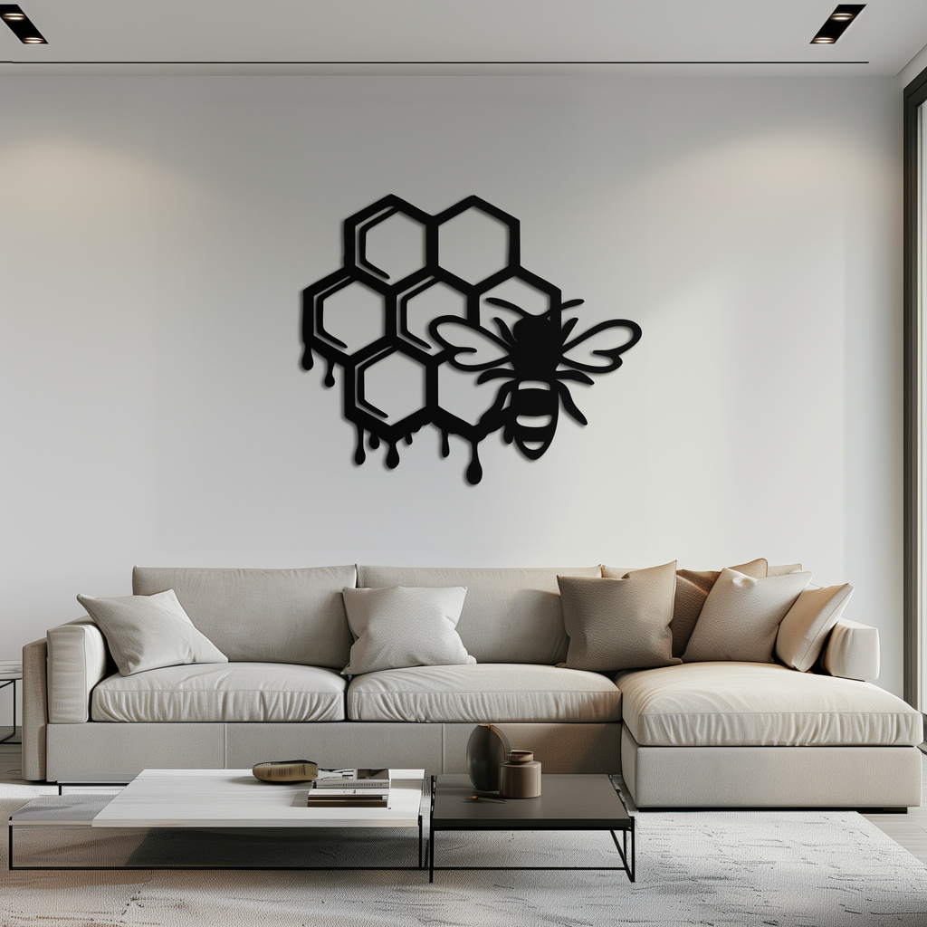 Honeybee and Honeycomb Silhouette Metal Wall Art – Modern Bee Home Decor- KAF543